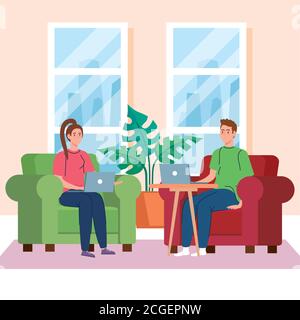 home working, freelancer young couple with laptops in the living room, working from home in relaxed pace, convenient workplace Stock Vector