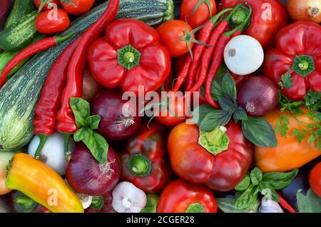 Various fresh vegetables as a background, top view. Healthy eating concept. Stock Photo