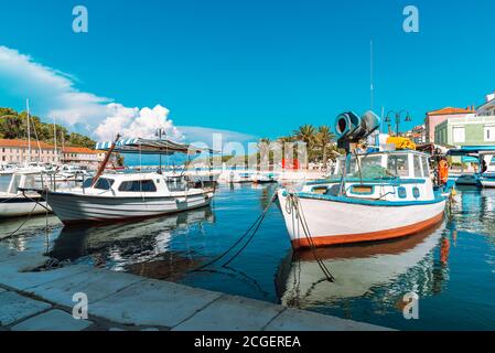 Boats on the pier in Jelsa town, Hvar, Croatia. Stock Photo