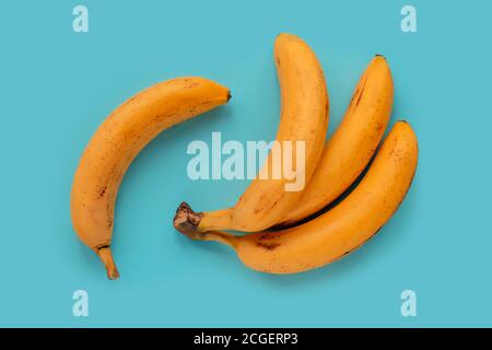 Ripe yellow bananas on blue background, top view. Healthy vegan food Stock Photo