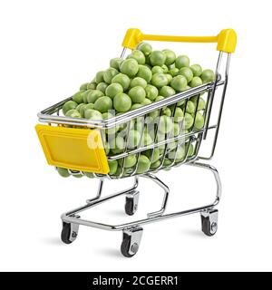 Fresh tasty green peas in the shopping cart. Creative organic food concept. Isolated on white. Bold vivid colors. Clipping path. Stock Photo