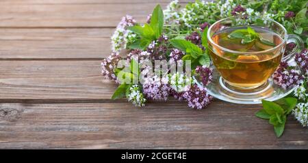 Freshly made herbal tea in a glass cup with mint and fresh oregano flowers on a wooden table with copy space. Herbal treatment. Stock Photo