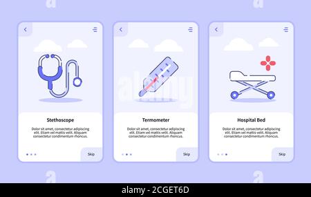 Medical icon stethoscope thermometer hospital bed onboarding screen for mobile apps template banner page UI with three variations modern flat outline Stock Vector