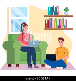 home working, freelancer young couple with laptops in living room, working from home in relaxed pace, convenient workplace Stock Vector