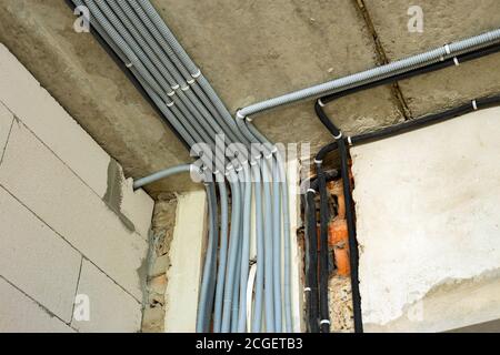Electrical cables laid in protective corrugation installed on the ceiling and wall in a room under construction works. Stock Photo