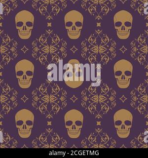Decorative floral seamless pattern in vintage gothic style vector with skulls Stock Vector