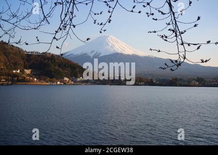 Mount Fuji from shore of Lake Kawaguchi Stock Photo