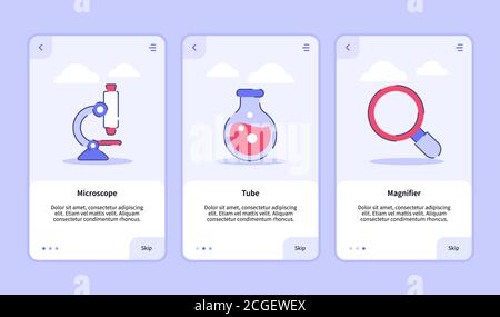 Medical icon microscope tube magnifier onboarding screen for mobile apps template banner page UI with three variations modern flat outline style Stock Vector