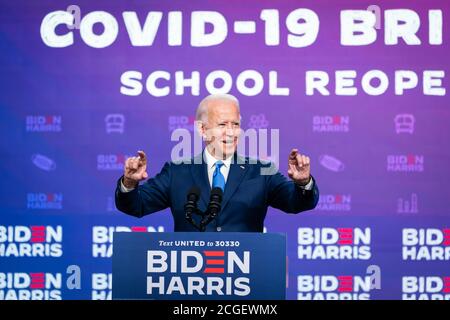 WILMINGTON, PA, USA - 02 September 2020 - Democratic US presidential candidate Joe Biden at a press conference on 'Regarding Safe School Reopening' in Stock Photo