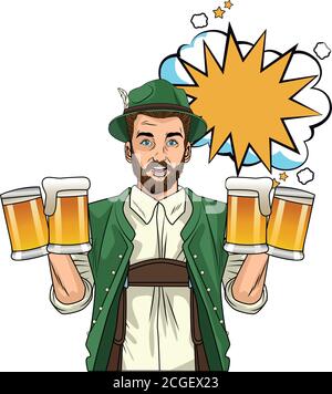 german man wearing tyrolean suit with beers vector illustration design Stock Vector