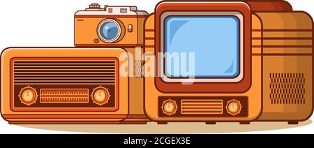 Old radio receiver.TV retro vintage television.Retro gadgets set. Stock Vector