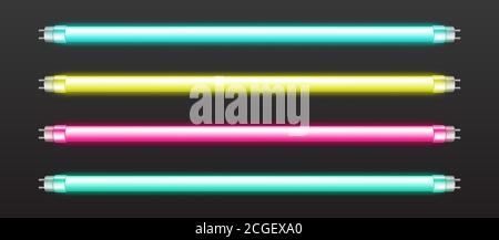 Color neon tube lights isolated on dark background. Vector realistic set of fluorescent bar lamps, glowing blue, pink, yellow and green line border. Halogen lighting bulbs for night club
