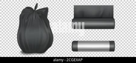 Black plastic bag for trash, garbage and rubbish. Vector realistic mockup of polyethylene trashbag in roll and full of waste. Tied sack with refuse isolated on transparent background Stock Vector