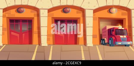 Red truck leaving fire station garage box. Car with signaling driving on emergency call from firehouse. Municipal city service, department hangars with close and open doors Cartoon vector illustration Stock Vector