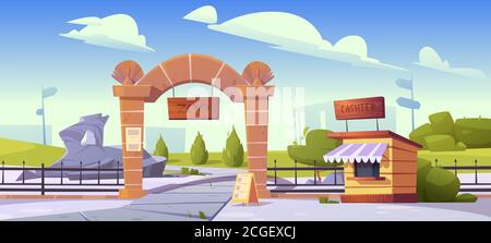 Zoo entrance with wooden board on stone arch and cashier booth. Zoological garden for wild animals. Vector cartoon landscape with entry gates, metal fence, signboard and green bushes Stock Vector