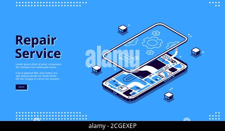 Repair service isometric landing page, disassembled mobile phone fixing, smashed smartphone with microcircuit and screen with gears, broken electronics device touchscreen 3d vector line art web banner Stock Vector