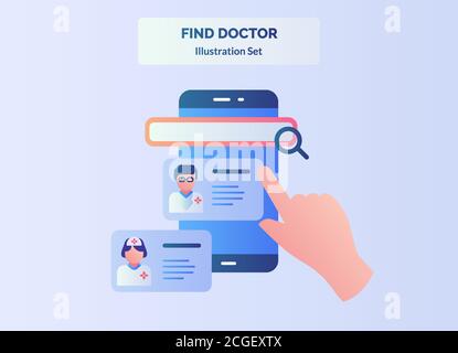 Find doctor finger choose doctor touchscreen smartphone screen with flat cartoon style Stock Vector