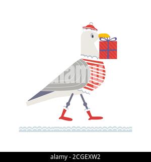 Cute seagull with Christmas gift box vector icon Stock Vector