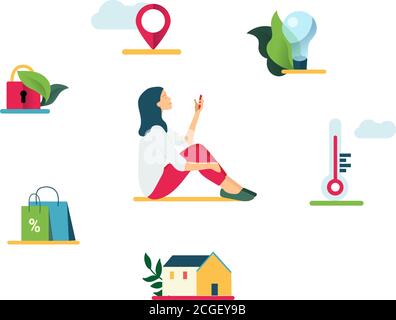Internet of Things vector concept illustration. . Home automation concept, flat style. IOT concept. Stock Vector