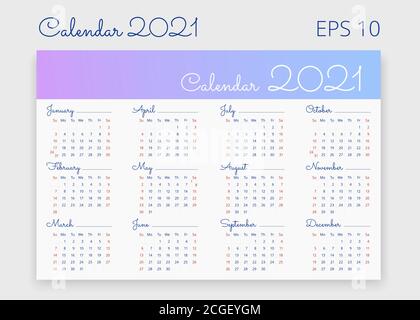 2021 calendar in english. Week starts on Sunday. Vector editable template for web, poster, banner, card. Stock Vector