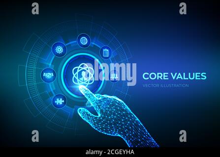 Core Values. Responsibility Ethics Goals Company concept on virtual screen. Core values infographic. Robotic hand touching digital interface. Vector Stock Vector