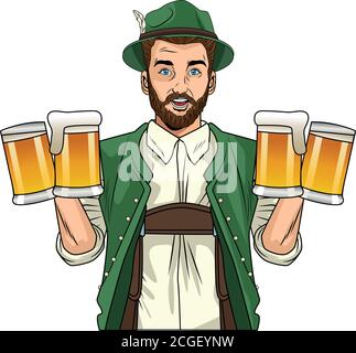 german man wearing tyrolean suit with beers vector illustration design Stock Vector