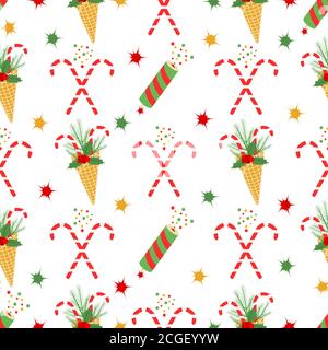 Happy New Year Merry Christmas seamless pattern Vector illustration with ice cream waffle cone, candy canes, sprig of Christmas trees, mistletoe, fire Stock Vector