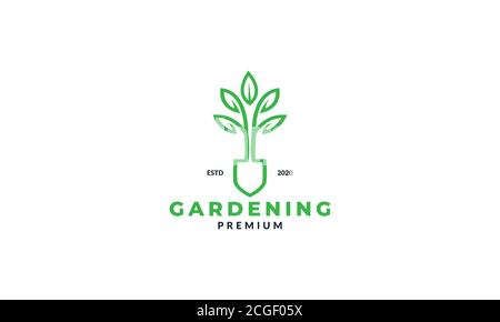 shovel and plant leaf flower garden line logo design agriculture Stock Vector