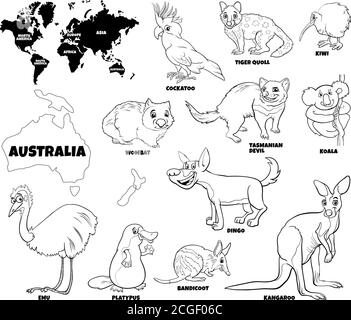 Black and White Educational Cartoon Illustration of Australian Animals Set and World Map with Continents Shapes Coloring Book Page Stock Vector