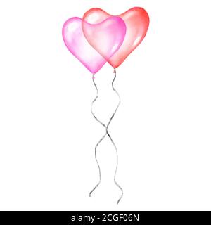 Heart balloons love romantic icon. Couple watercolor red and pink happy holiday helium air flying balloons in shape of heart isolated on white backgro Stock Vector