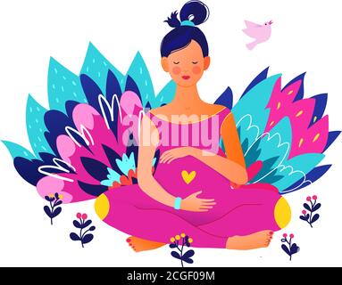 Pregnant woman doing yoga. Active well fitted pregnant female character.  Stock Vector