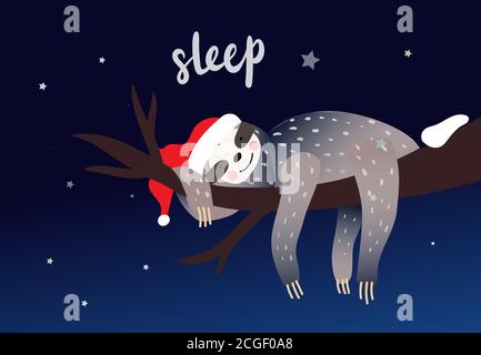 Cute lazy sloth sleeping on a branch of the tropical tree.  Stock Vector