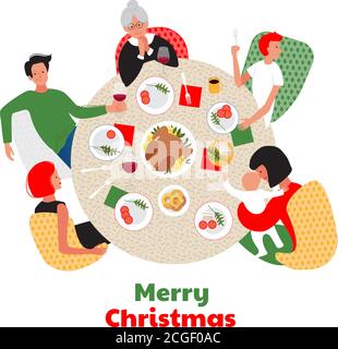 Christmas or New Year dinner. Family around the the table.  Stock Vector