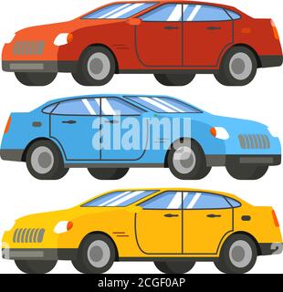 Set of cars in red, blue, yellow. Modern four-door sedan. Stock Vector