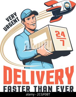 Delivery service retro logo with courier holding parcel and rocket Stock Vector