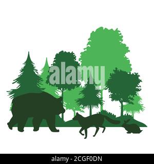 wild bear and fox with rabbit silhouettes in landscape vector illustration design Stock Vector