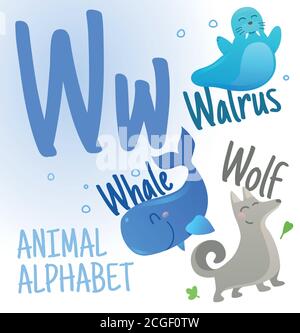 Animal alphabet in vector. W letter. Very cute cartoon animals Walrus,Wolf,Whale. Stock Vector