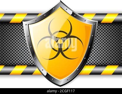 Gold shield with Biohazard sign over steel background Stock Vector
