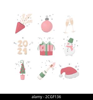 Set of vector icons or illustrations, concept of new year and christmas. Stock Vector