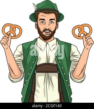 german man wearing tyrolean suit and pretzel vector illustration design Stock Vector