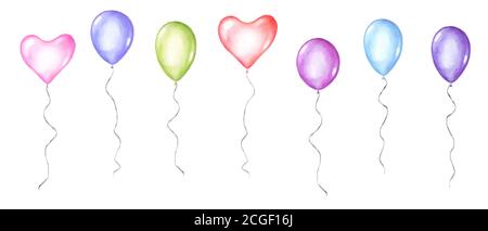 Set of colorful watercolor happy holiday glossy helium air flying balloons isolated on white background. Watercolour hand drawn festive illustration. Stock Vector