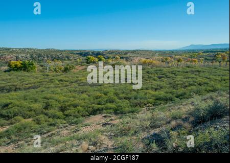 View of the Verde River floodplain from the pueblo ruins (built between 1125 and 1400) by the Sinagua people at the Tuzigoot National Monument on the Stock Photo