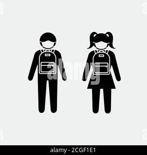 School children wearing protective face mask icon. school kids pictogram for coronavirus. schoolboy and schoolgirl with face mask and backpack icon Stock Vector
