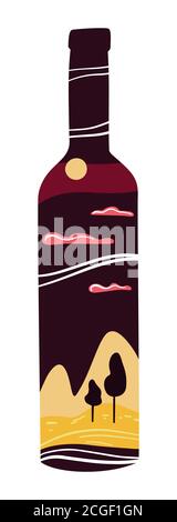 Vector illustration in trendy style poster with bottle of wine Stock Vector