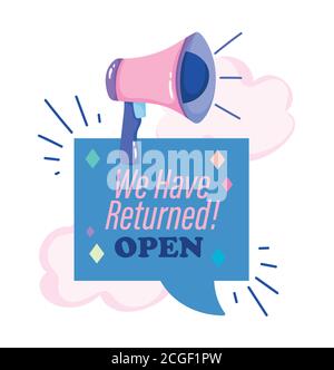 reopening, megaphone shouting speech bubble inscription, clouds cartoon design vector illustration Stock Vector
