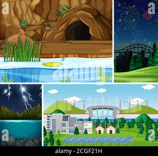 Four different scenes in nature setting cartoon style illustration Stock Vector