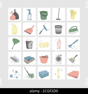 Colored vector icons of cleaning products and clean. For design and decoration.  Stock Vector
