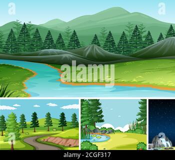 Four different scenes in nature setting cartoon style illustration Stock Vector