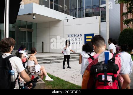 Protesters gather at the Human Rights Campaign (HRC) headquarters for a rally and vigil for Jennifer Laude before marching to the Philippine Embassy, in Washington, DC, on September 10, 2020 amid the coronavirus pandemic. The guilty verdict in the 2014 homicide of Laude, a 26-year-old Filipina trans woman, was recently overturned by Philippine President Rodrigo Duterte with a full pardon, clearing the way for United States Marine Joseph Scott Pemberton to be freed after his 2015 conviction for the killing. (Graeme Sloan/Sipa USA) Stock Photo