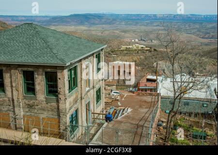 Street scene with old houses in the old mining town of Jerome in Arizona, USA. Stock Photo